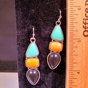 0214. NWOTs ~ Really Colorful Imitation Turquoise and Onyx Earrings ~ Silver ~